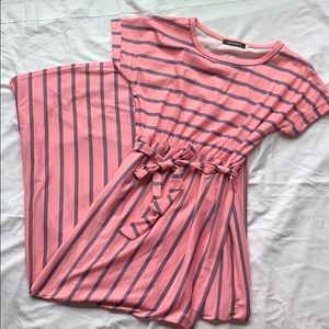 Merokeety Pink & Grey Striped Wrap Dress